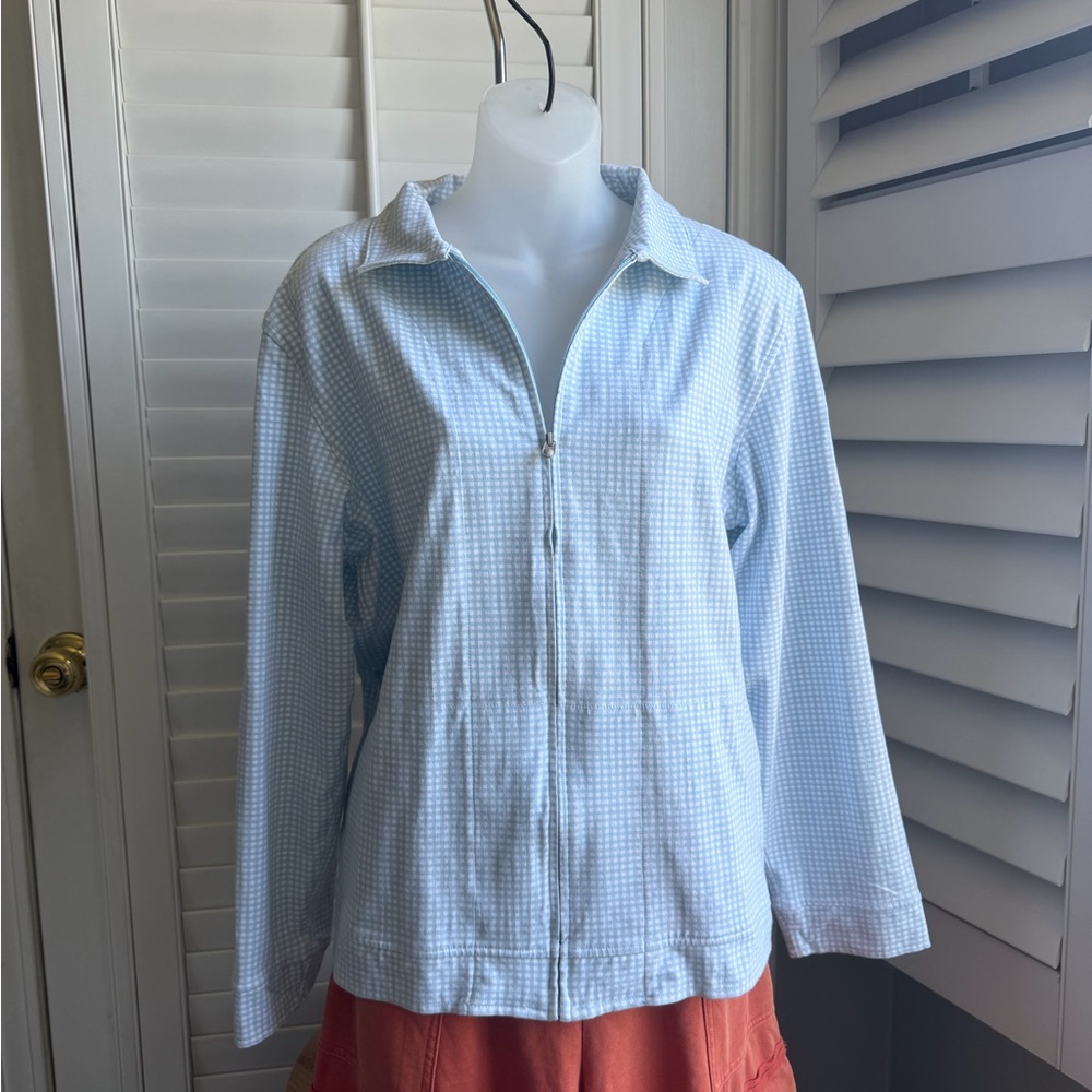 Liz Claiborne Blue Gingham Collared Zip Jacket